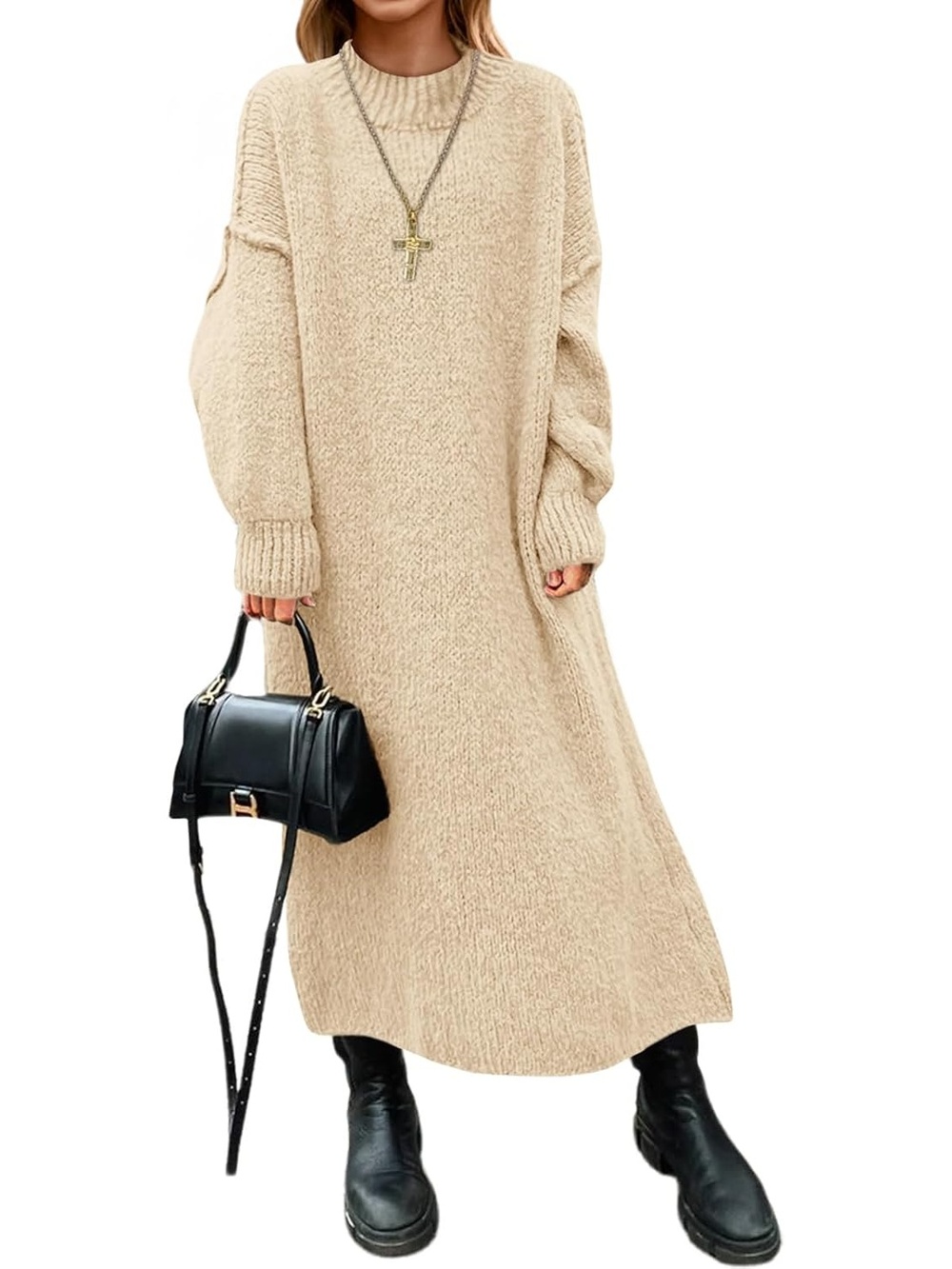 🆕 Women's Beige Oversized Knit Sweater Maxi Dress Mock Neck Fall Winter Top